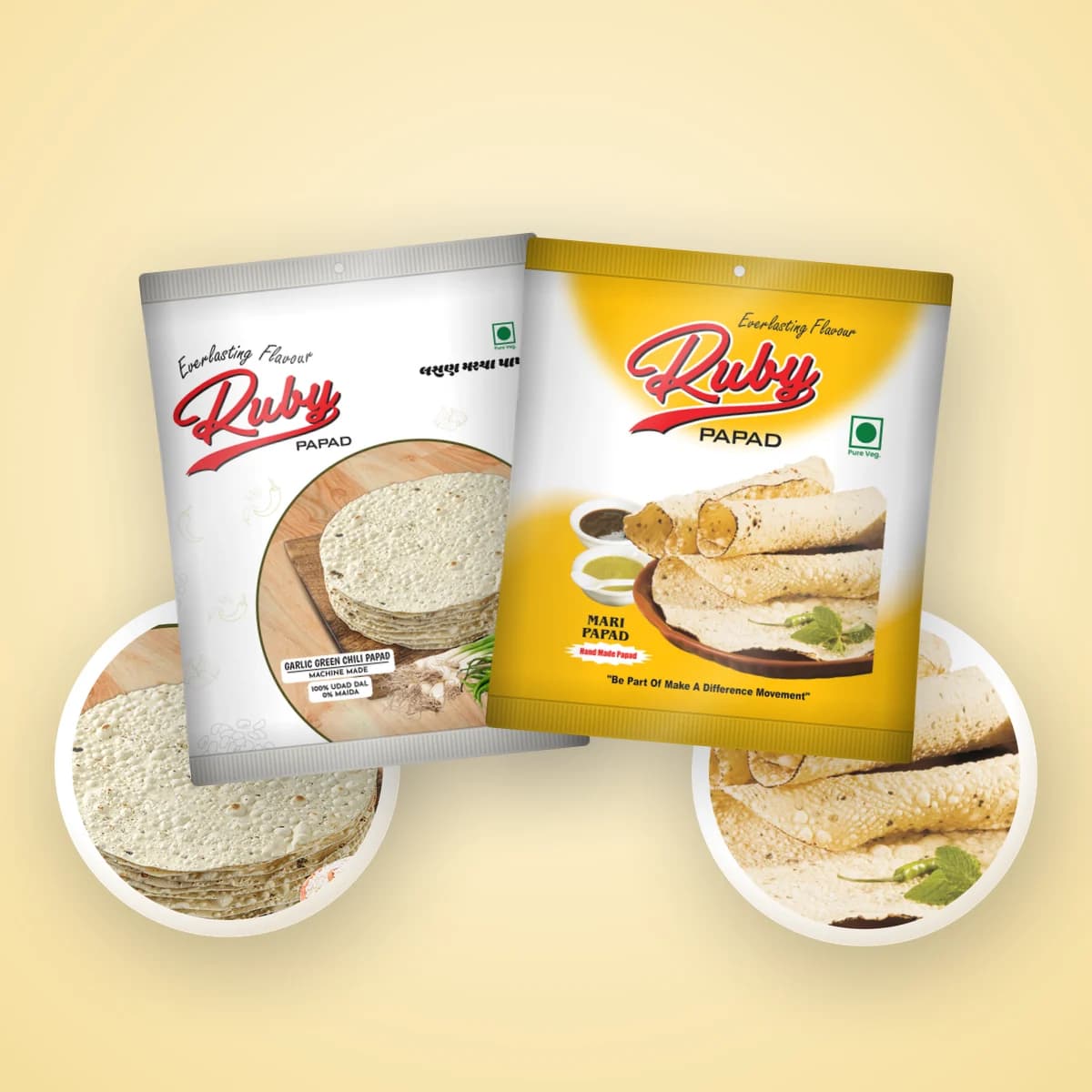 Ruby handmade and machine made papad packs